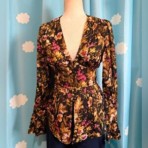 Anthropologie silky top with deep V, bell sleeves, fitted waistline- XXS